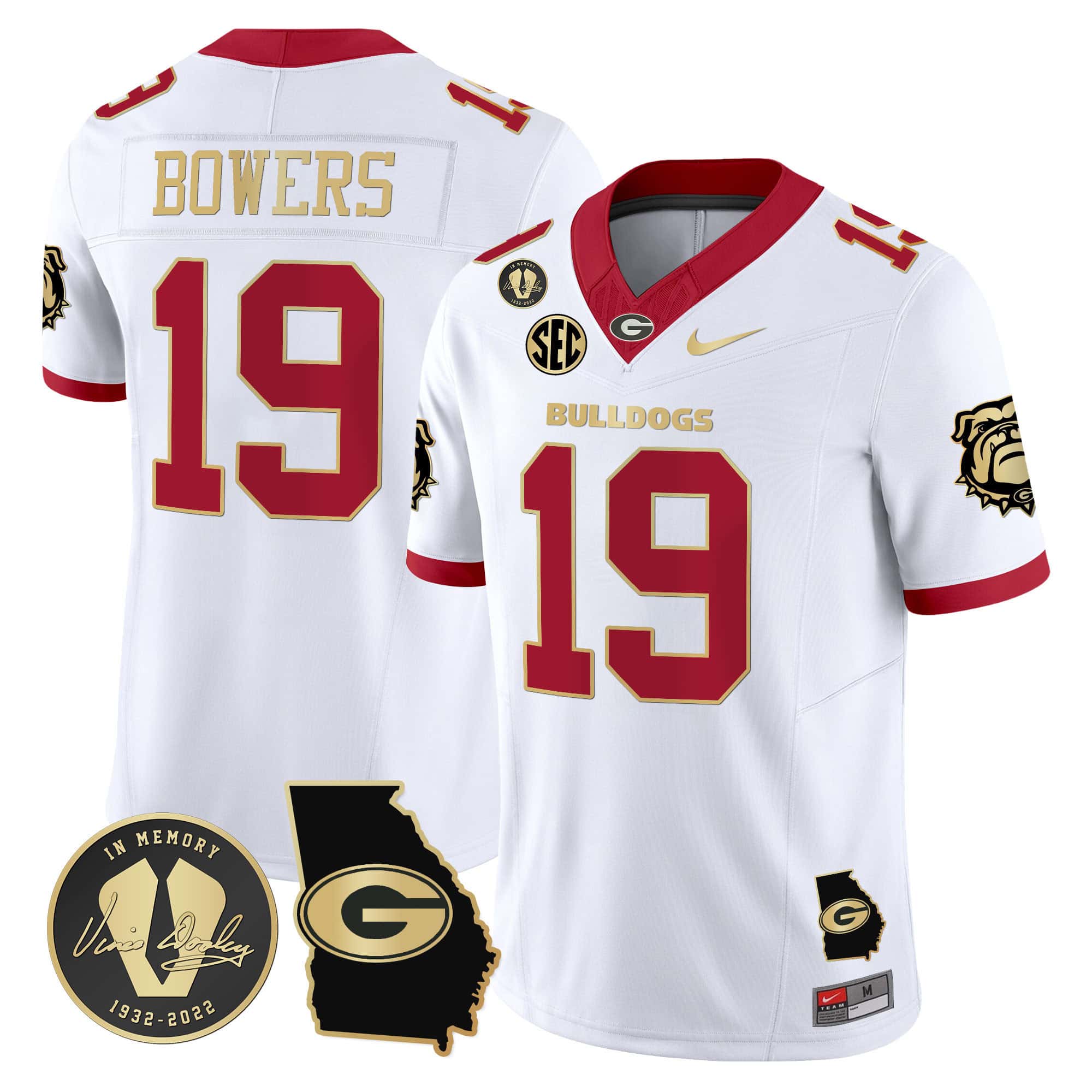 Georgia Bulldogs 2024 Vapor Football Jersey V5 – Georgia Map – All Stitched White Gold Trim #19 Brock Bowers