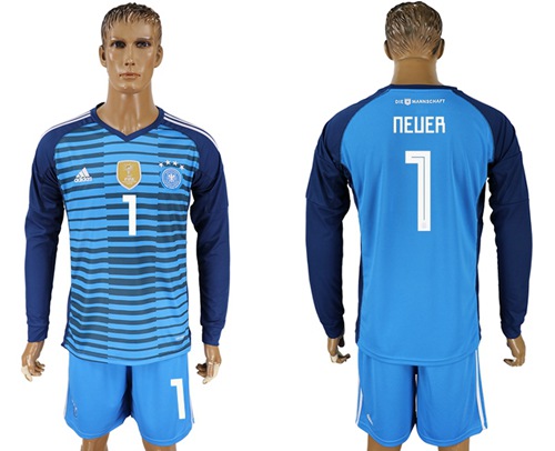 Germany #1 Neuer Blue Goalkeeper Long Sleeves Soccer Country Jersey