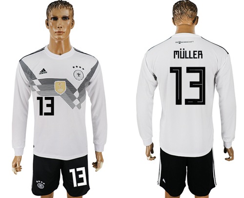 Germany #13 Muller White Home Long Sleeves Soccer Country Jersey