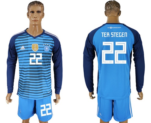 Germany #22 Ter Stegen Blue Goalkeeper Long Sleeves Soccer Country Jersey