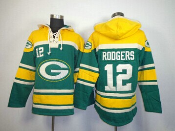Green Bay Packers #12 Aaron Rodgers Green Sawyer Hooded Sweatshirt Stitched Jersey