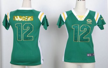 Green Bay Packers 12 Aaron Rodgers Womens Draft Him III Shimmer V-Neck T-Shirt - Green
