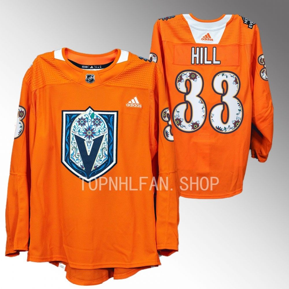 Hispanic Heritage Night Vegas Golden Knights Adin Hill 2022 Orange Warmups Jersey men's