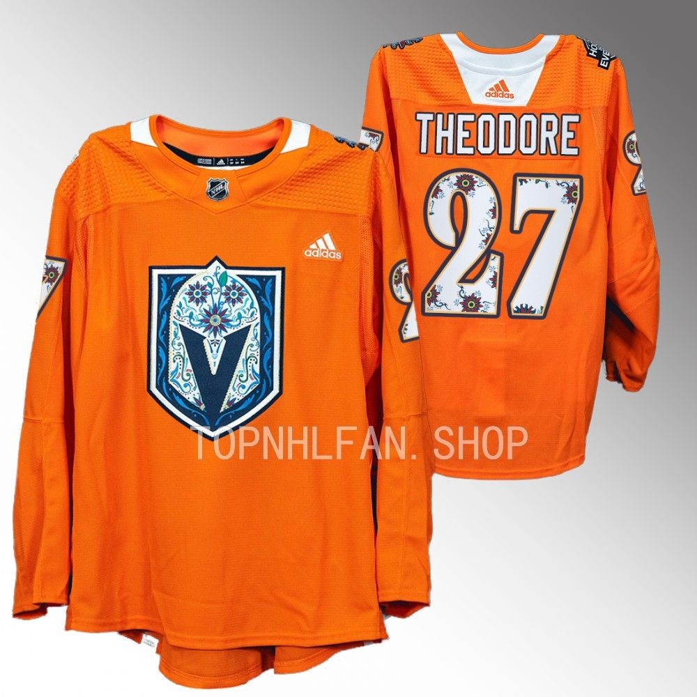 Hispanic Heritage Night Vegas Golden Knights Shea Theodore 2022 Orange Warmups Jersey men's