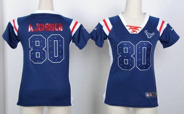 Houston Texans 80 Andre Johnson Womens Draft Him Shimmer V-Neck T-Shirt - Navy Blue