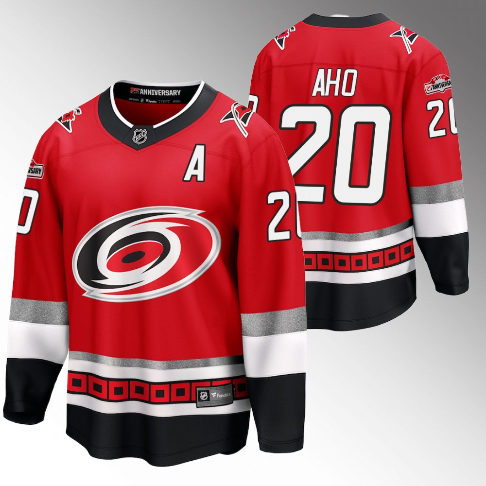 Hurricanes #20 Sebastian Aho Red 25th Anniversary Jersey