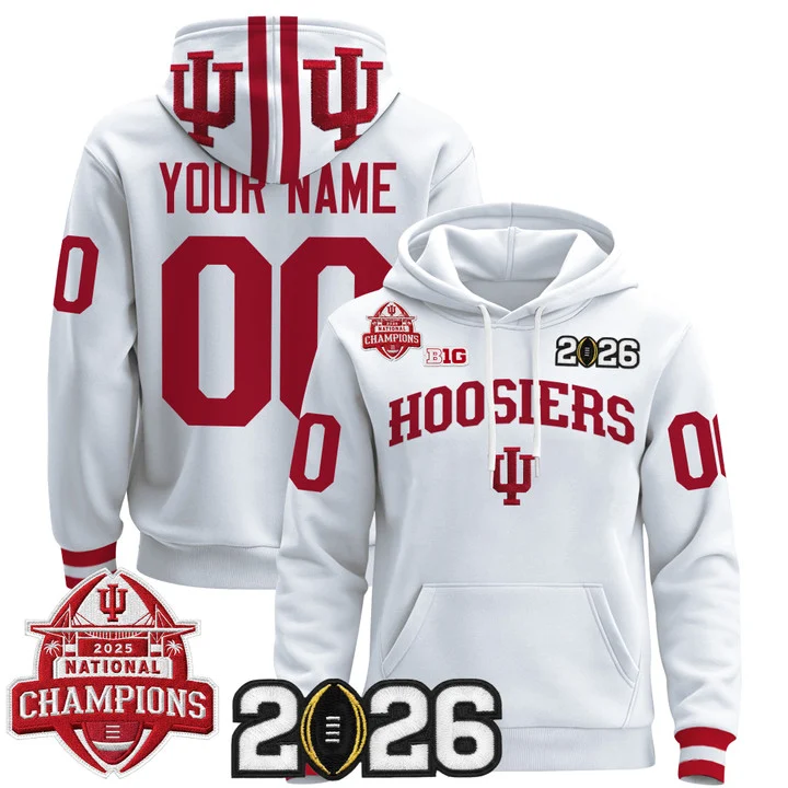 Indiana Hoosiers 2025 National Champions & 2026 CFP Final Patch Premium Custom Pullover Hoodie V2 WHITE