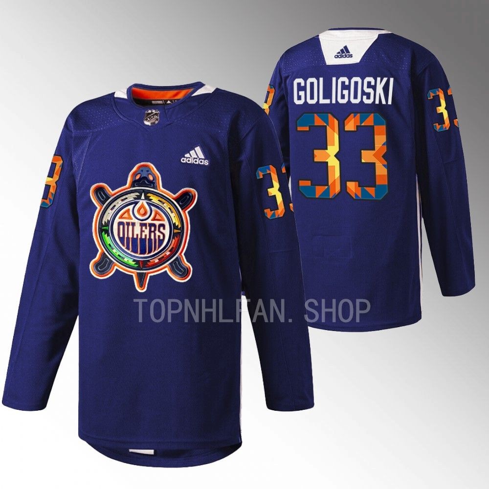 Indigenous Celebration Night Minnesota Wild Alex Goligoski 2022 Navy Warmup Jersey men's
