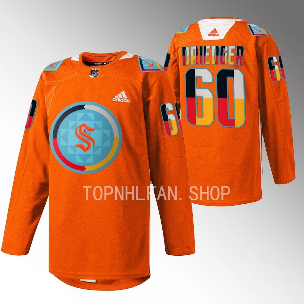 Indigenous People Night Seattle Kraken Chris Driedger 2022 Orange Warmup Jersey men's