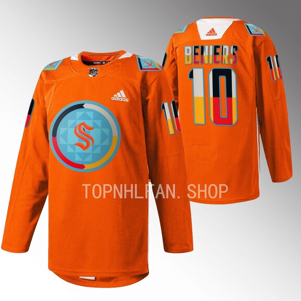 Indigenous People Night Seattle Kraken Matthew Beniers 2022 Orange Warmup Jersey men's