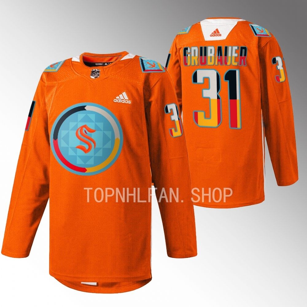 Indigenous People Night Seattle Kraken Philipp Grubauer 2022 Orange Warmup Jersey men's