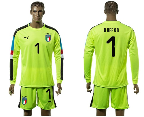 Italy #1 Buffon Shiny Green Long Sleeves Goalkeeper Soccer Country Jersey