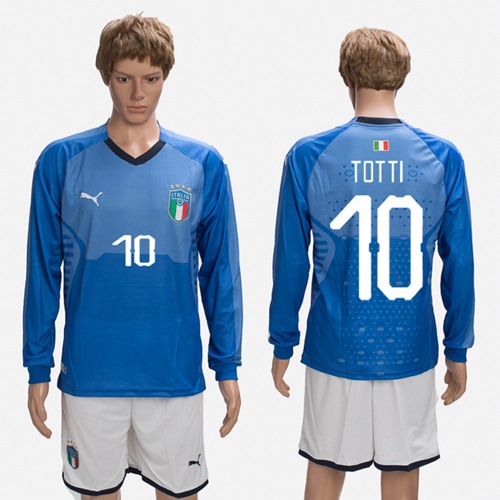 Italy #10 Totti Blue Home Long Sleeves Soccer Country Jersey