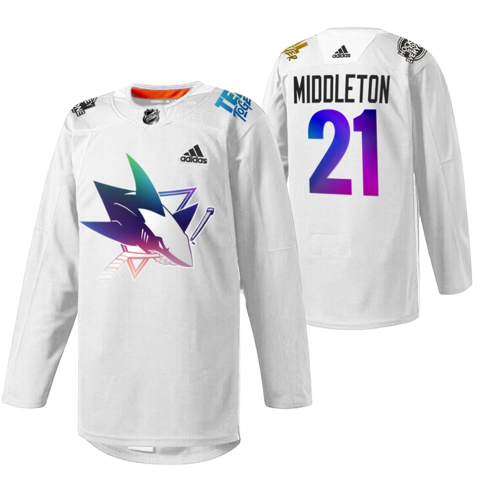 Jake Middleton Sharks Pride Night 2022 Jersey White HockeyIsForEveryone