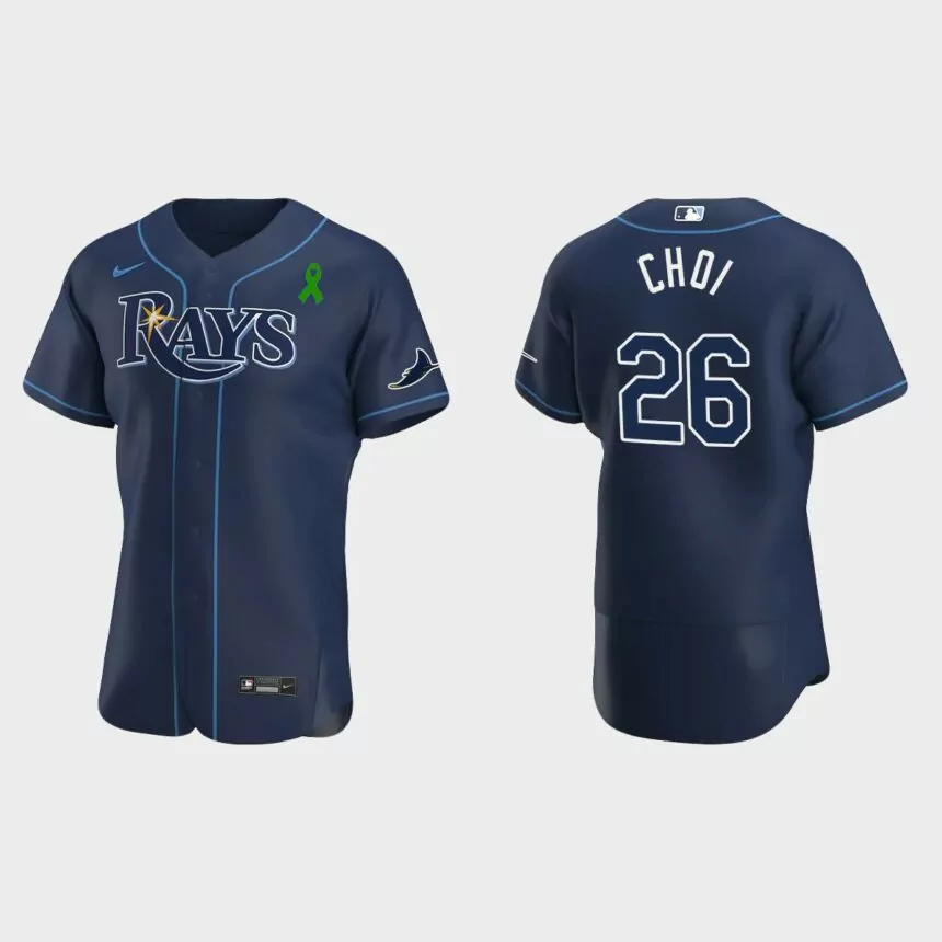 Ji-Man Choi Tampa Bay Rays Green Ribbon Authentic Alternate Jersey – Navy