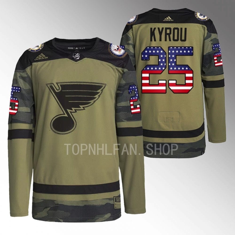 Jordan Kyrou Blues Veterans Day Jersey Camo Warmup
