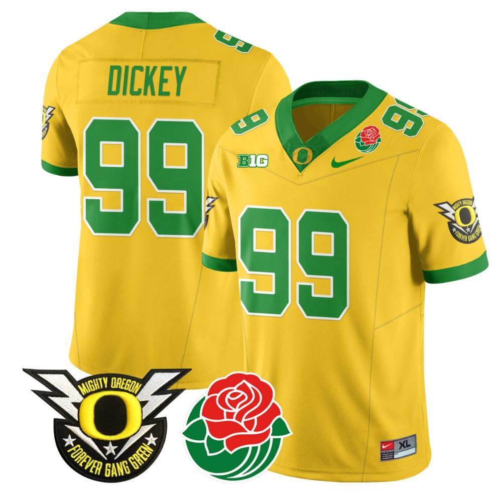 Jurrion Dickey Jersey #99 Oregon Ducks 2024 Mighty Rose Bowl Patch N2 Yellow