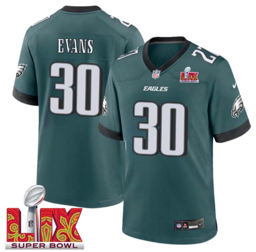Justin Evans No 30 Men Super Bowl LIX Philadelphia Eagles Home Game 2025 Jersey- Replica