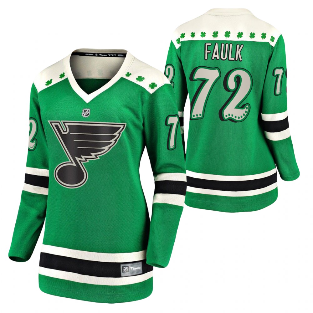 Justin Faulk #72 Blues 2021 St. Patrick's Day Women Jersey Green