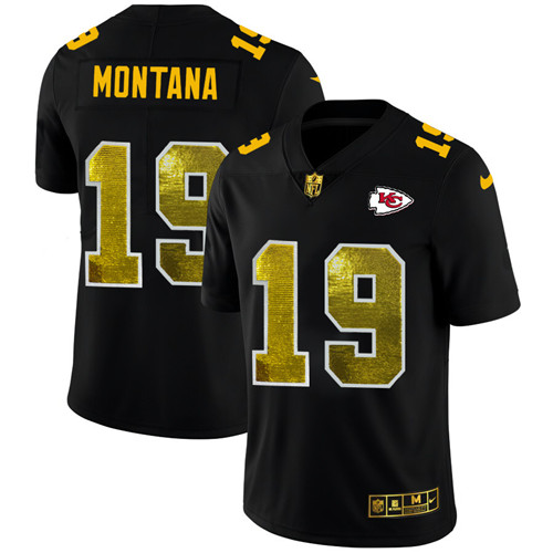 Kansas City Chiefs #19 Joe Montana Men's Black Nike Golden Sequin Vapor Limited NFL Jersey
