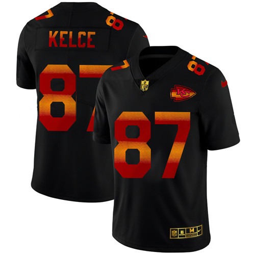 Kansas City Chiefs #87 Travis Kelce Men's Black Nike Red Orange Stripe Vapor Limited NFL Jersey