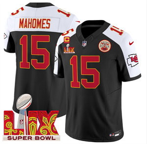 Kansas City Chiefs Super Bowl LIX Patch Vapor Limited   Jersey - All Stitched  Black Alternate Patrick Mahomes 15