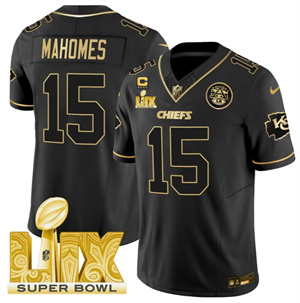 Kansas City Chiefs Super Bowl LIX Patch Vapor Limited   Jersey - All Stitched  Black Gold 15 Patrick Mahomes