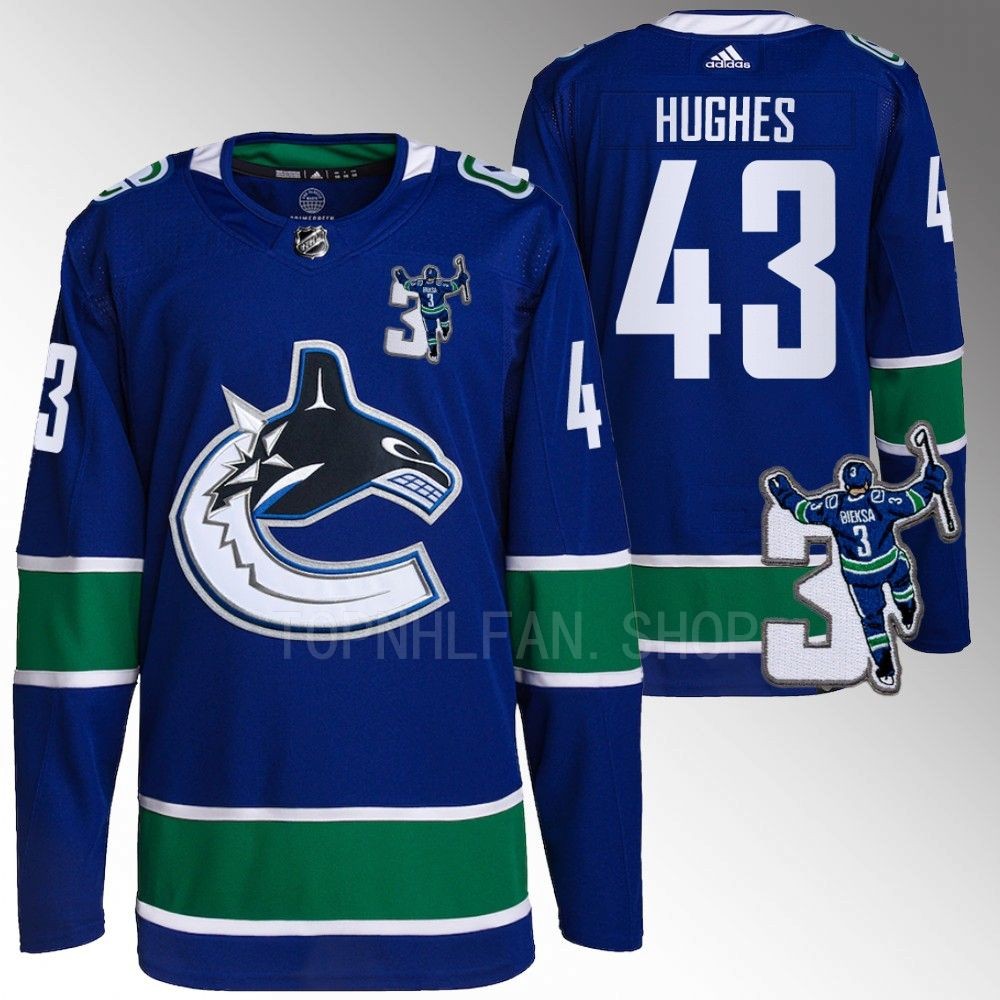 Kevin Bieska patch Vancouver Canucks Quinn Hughes Blue Home Jersey men's