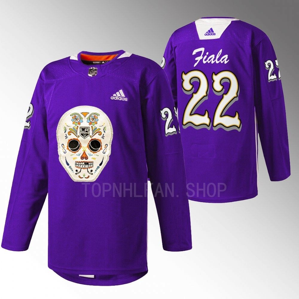 Kevin Fiala LA Kings Dia De Los Metros Night Jersey Purple Sugar Skull warmup
