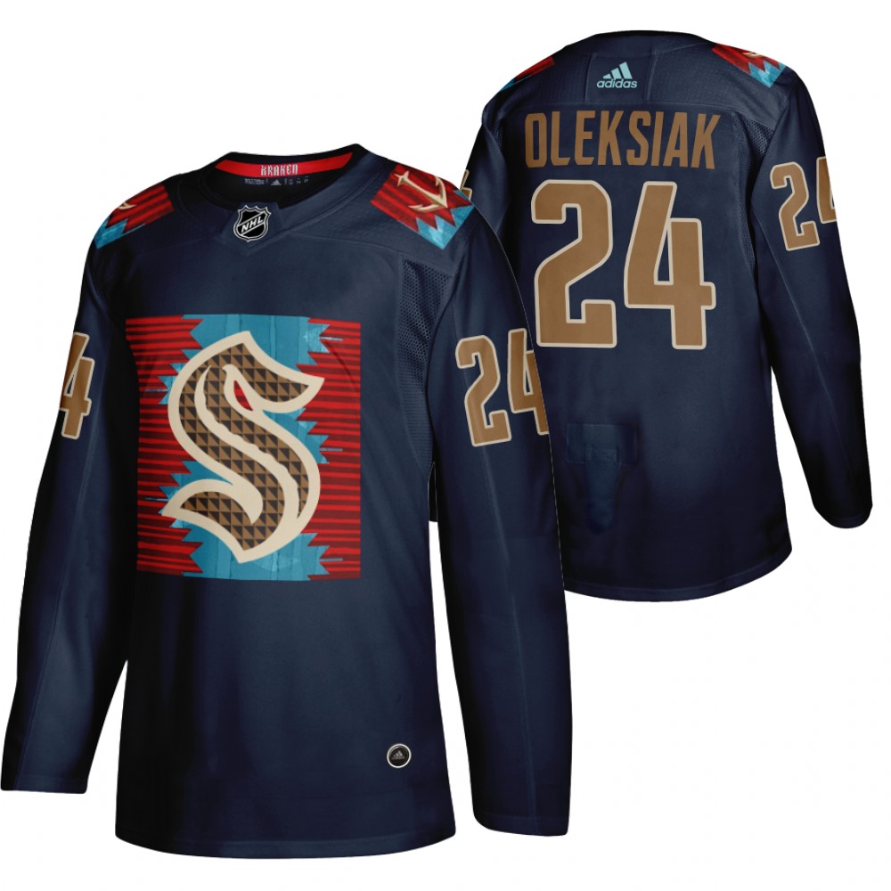 Kraken Jamie Oleksiak Karuk Art-inspired Blue Indigenous Peoples Night Jersey