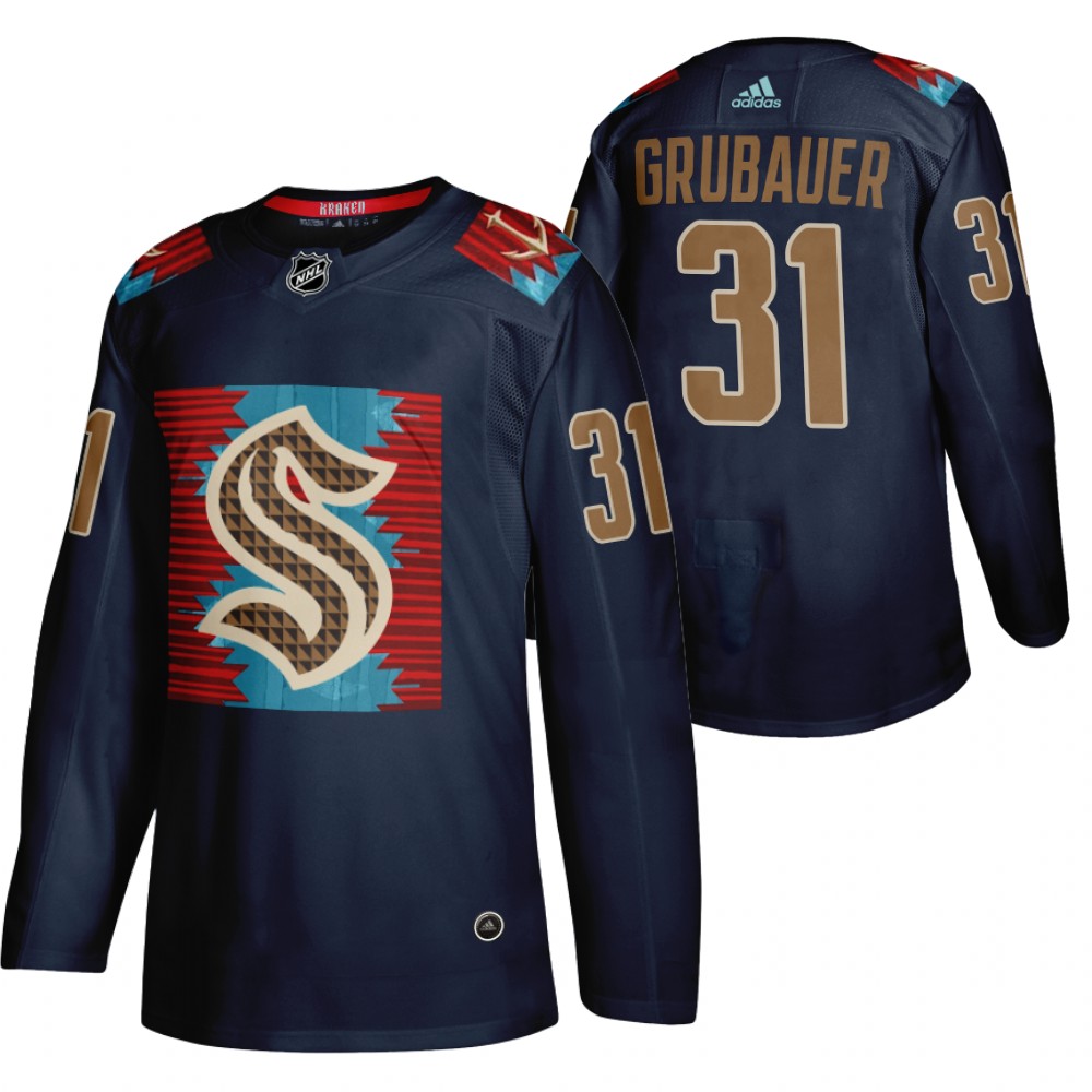 Kraken Philipp Grubauer Karuk Art-inspired Blue Indigenous Peoples Night Jersey