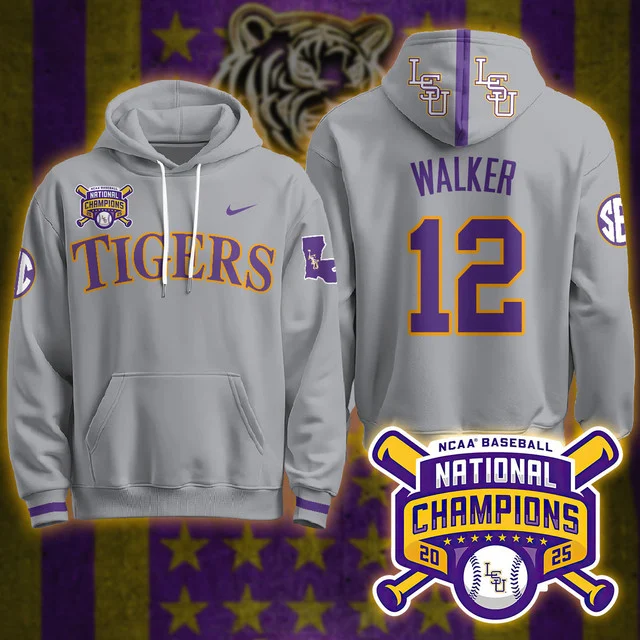 LSU Tigers 2025 World Series Champions Limited Hoodie GREY#12 TODD WALKER