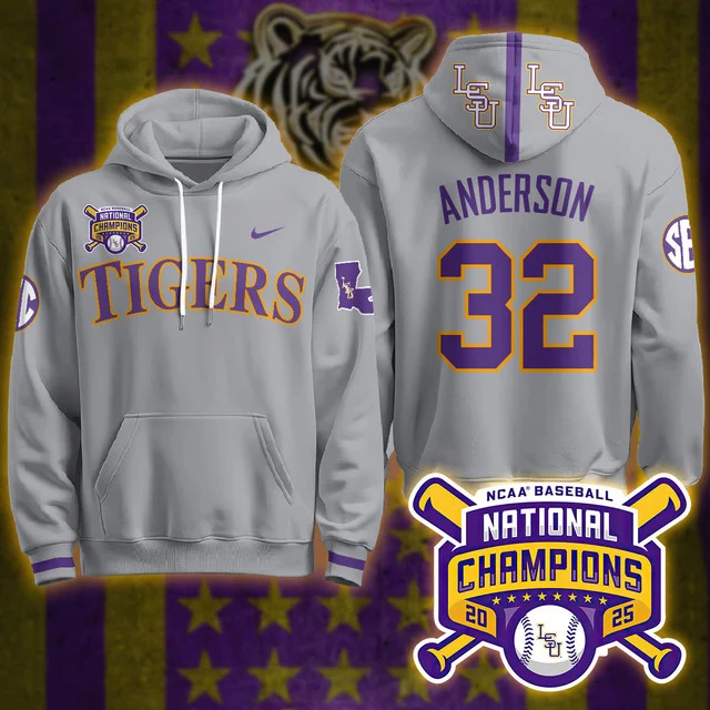 LSU Tigers 2025 World Series Champions Limited Hoodie GREY#32 KADE ANDERSON