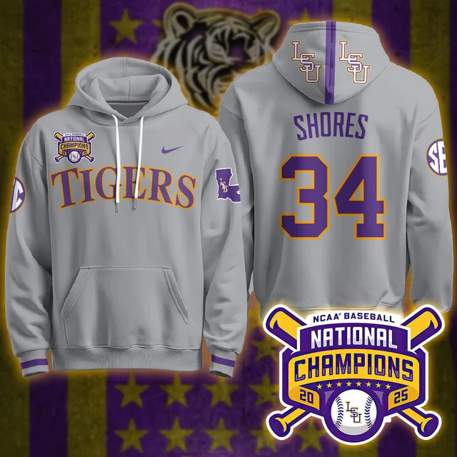LSU Tigers 2025 World Series Champions Limited Hoodie GREY#34 CHASE SHORES
