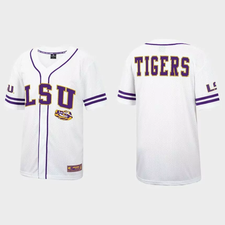 LSU Tigers Free Spirited Baseball Jersey – White Purple