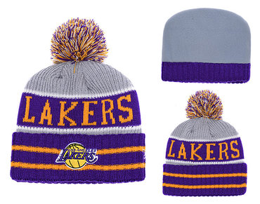 Lakers Purple Banner Block Cuffed Knit Hat With Pom YD