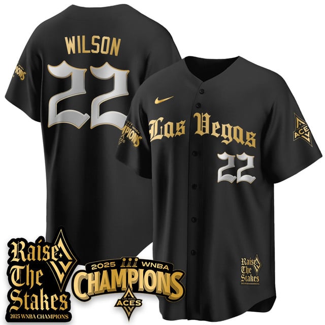 Las Vegas Aces 2025 WNBA Championship Baseball Jersey black gold #22 A'ja Wilson