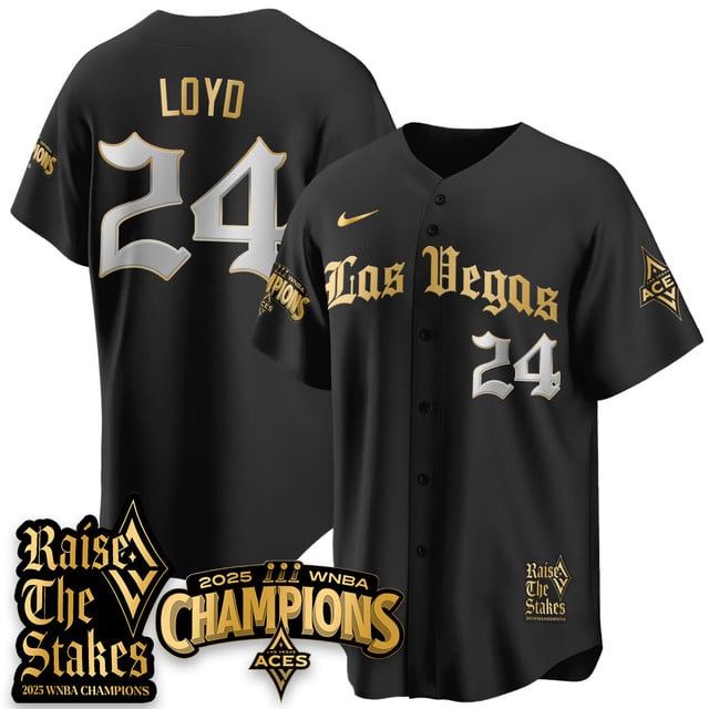 Las Vegas Aces 2025 WNBA Championship Baseball Jersey black gold #24 Jewell Loyd