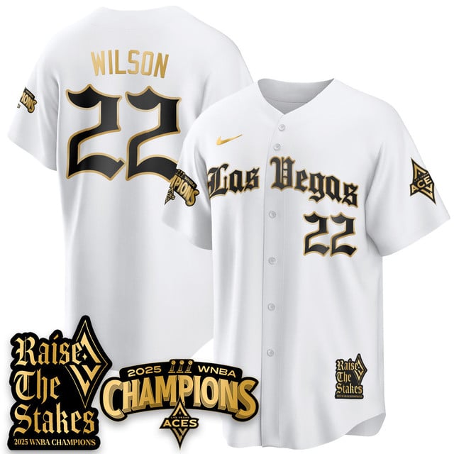 Las Vegas Aces 2025 WNBA Championship Baseball Jersey white gold #22 A'ja Wilson