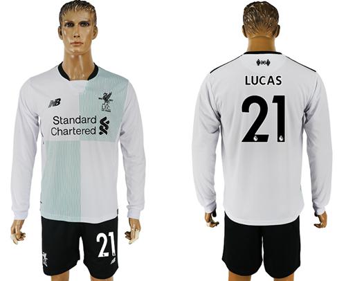 Liverpool #21 Lucas Away Long Sleeves Soccer Club Jersey