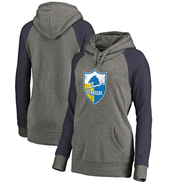 Los Angeles Chargers NFL Pro Line By Fanatics Branded Women's Throwback Logo Tri-Blend Raglan Plus Size Pullover Hoodie Gray Navy