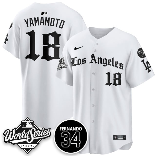 Los Angeles Dodgers 2025 Gothic NL Champions Jersey white #18 Yoshinobu Yamamoto