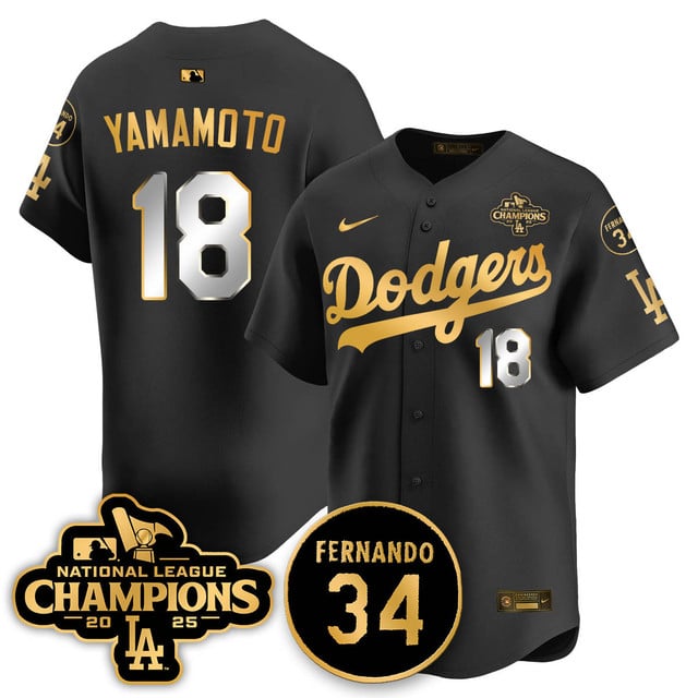 Los Angeles Dodgers 2025 NL Champions Jersey black gold #18 Yoshinobu Yamamoto