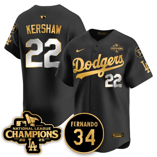Los Angeles Dodgers 2025 NL Champions Jersey black gold #22 Clayton Kershaw