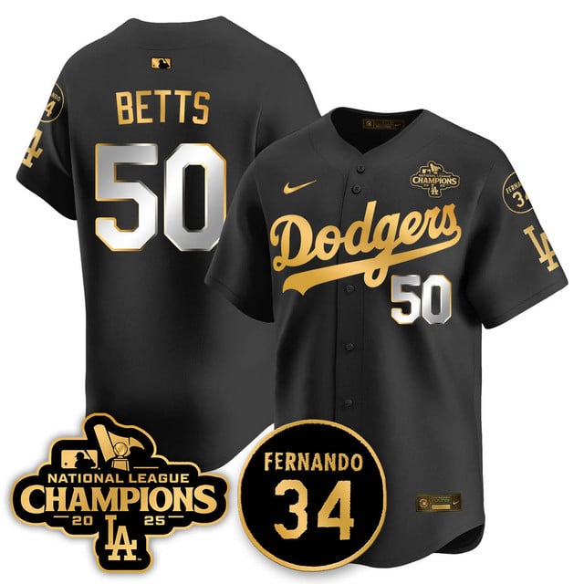 Los Angeles Dodgers 2025 NL Champions Jersey black gold #50 Mookie Betts