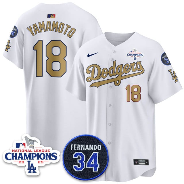 Los Angeles Dodgers 2025 NL Champions Jersey gold #18 Yoshinobu Yamamoto