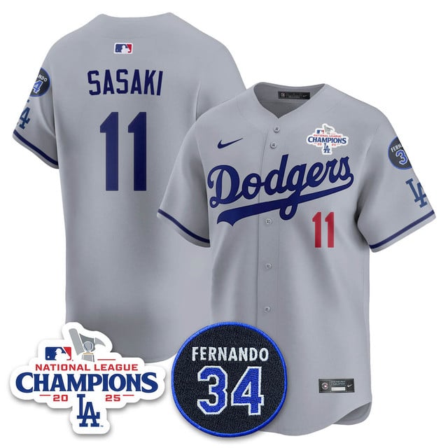 Los Angeles Dodgers 2025 NL Champions Jersey gray #11 Roki Sasaki