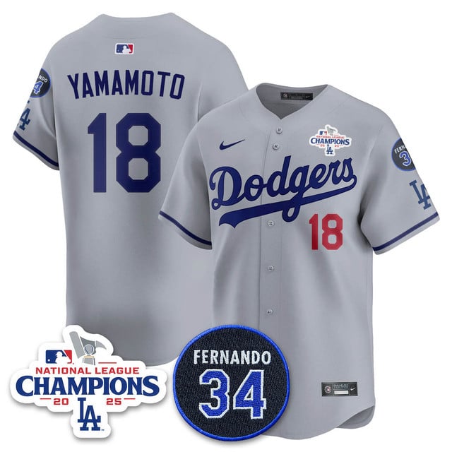 Los Angeles Dodgers 2025 NL Champions Jersey gray #18 Yoshinobu Yamamoto