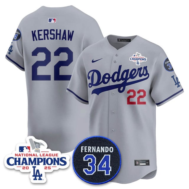 Los Angeles Dodgers 2025 NL Champions Jersey gray #22 Clayton Kershaw