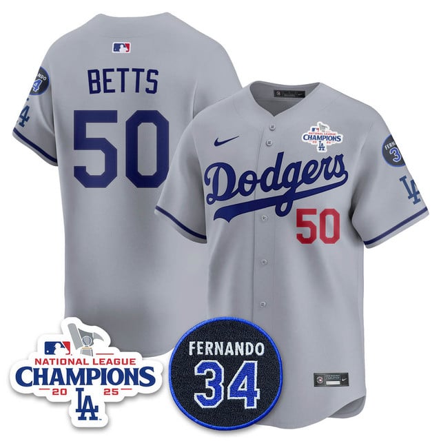 Los Angeles Dodgers 2025 NL Champions Jersey gray #50 Mookie Betts